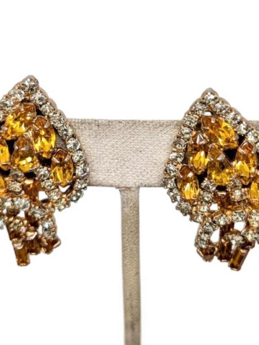 Vintage 1950s Signed Kramer Goldtone Faux-Citrine Leaf Clip Earrings